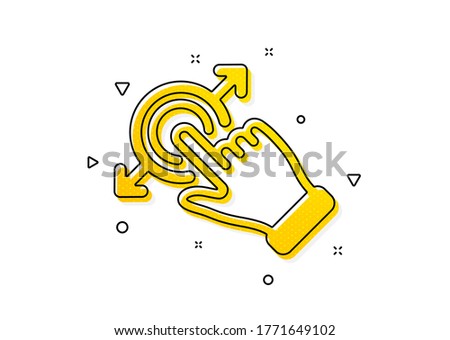 Drag and drop arrow sign. Touchscreen gesture icon. Swipe action symbol. Yellow circles pattern. Classic touchscreen gesture icon. Geometric elements. Vector