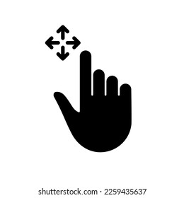 Drag and Drop Arrows with Hand Finger Silhouette Icon. Pinch Screen, Rotate on Screen Glyph Pictogram. Drag and Drop Gesture Icon. Isolated Vector Illustration.