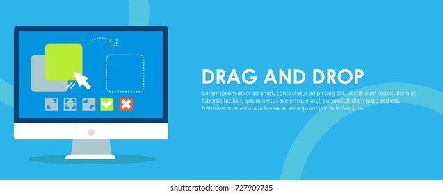 Drag and drop banner. Computer with the program and site configuration settings functions. Vector flat illustration