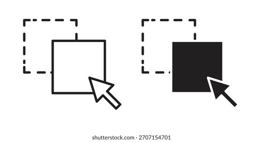 Icono de arrastrar y soltar en un diseño de Vector de trazo negro y versión sólida plana sobre fondo blanco