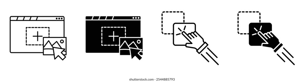 Colección de icono de arrastrar y soltar en estilo de Vector sólido y relleno en blanco y negro.