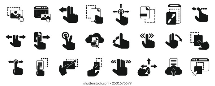 Conjunto de iconos de arrastrar y soltar. Conjunto de iconos en blanco y negro que representan los gestos de la mano utilizados para controlar los dispositivos de pantalla táctil utilizando la funcionalidad multitáctil