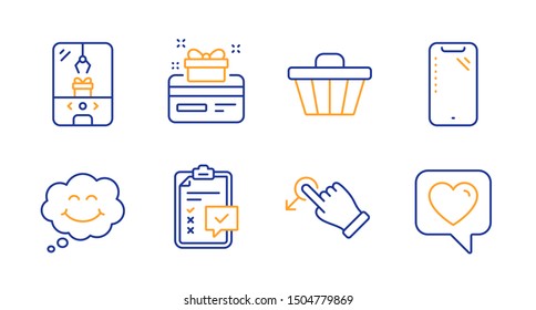 Drag drop, Loyalty card and Checklist line icons set. Smile, Crane claw machine and Shop cart signs. Smartphone, Heart symbols. Move, Bonus points. Technology set. Line drag drop icon. Vector