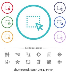 Drag and drop operation flat color icons in circle shape outlines. 12 bonus icons included.