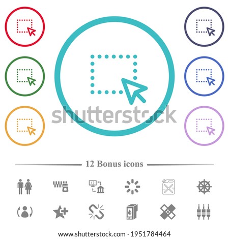Drag and drop operation flat color icons in circle shape outlines. 12 bonus icons included.