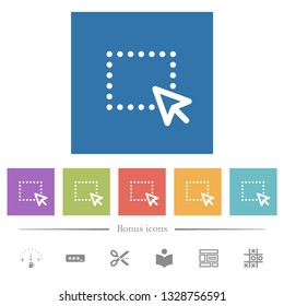 Drag and drop operation flat white icons in square backgrounds. 6 bonus icons included.