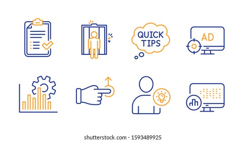 Drag drop, Seo adblock and Quick tips line icons set. User idea, Seo graph and Elevator signs. Approved checklist, Report statistics symbols. Move, Search engine. Technology set. Vector