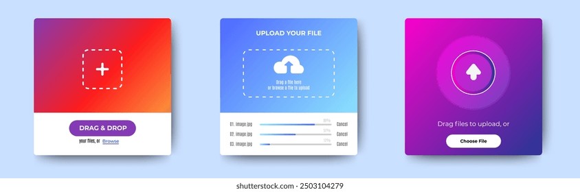 Drag and drop upload box banner pop up design template. vector