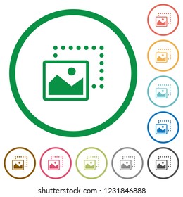 Drag image to bottom left flat color icons in round outlines on white background