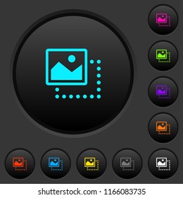 Drag image to top left dark push buttons with vivid color icons on dark grey background