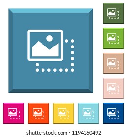 Drag image to top left white icons on edged square buttons in various trendy colors