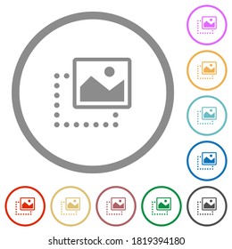Drag image to top right flat color icons in round outlines on white background
