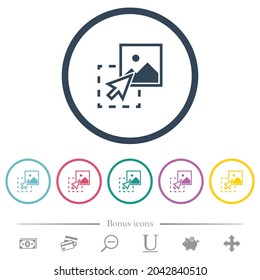 Drag image to upload flat color icons in round outlines. 6 bonus icons included.