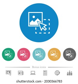 Drag image to upload flat white icons on round color backgrounds. 6 bonus icons included.