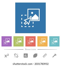 Drag image to upload flat white icons in square backgrounds. 6 bonus icons included.