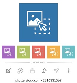 Drag image to upload flat white icons in square backgrounds. 6 bonus icons included.