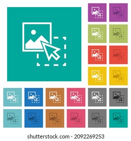 Drag image to upload multi colored flat icons on plain square backgrounds. Included white and darker icon variations for hover or active effects.