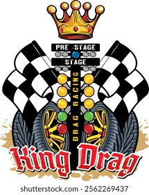 Drag King Illustration with two racing flags and a pair of racing car wheels and a drag start board 