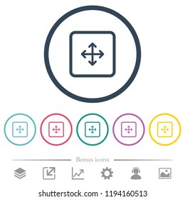 Drag object flat color icons in round outlines. 6 bonus icons included.