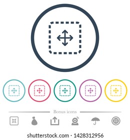 Drag object flat color icons in round outlines. 6 bonus icons included.