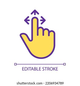 Drag pixel perfect yellow RGB color icon. Tap and pull image. Touchscreen control gesture. Pointing finger and arrows. Silhouette symbol on white space. Solid pictogram. Vector isolated illustration