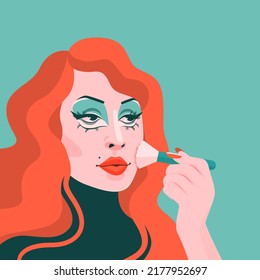 Drag Queen Apply Makeup. Androgynous Person. Flat Vector Illustration