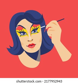 Drag Queen Apply Makeup. Androgynous Person. Flat Vector Illustration