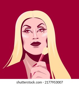 Drag Queen Apply Makeup. Androgynous Person. Flat Vector Illustration