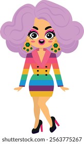 Drag queen artist diva, cute illustration, with clothes with LGBT colors, rainbows