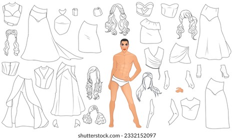 Drag Queen Coloring Page Paper Doll with Outfits and Hairstyles. Vector Illustration