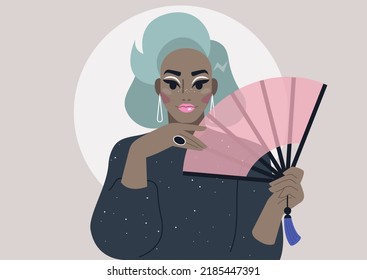 Drag Queen With A Hand Fan Wearing A Shiny Black Dress And Bright Make Up, Queer Community, LGBTQ Pride