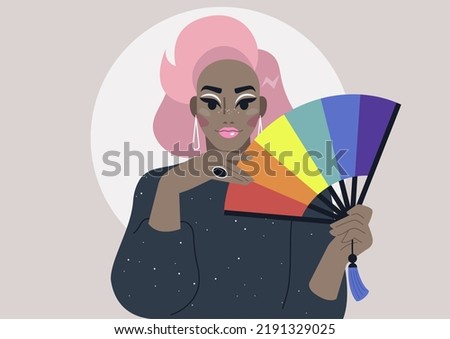 Drag Queen with a rainbow hand fan wearing a shiny black dress and bright make up, queer community, LGBTQ pride