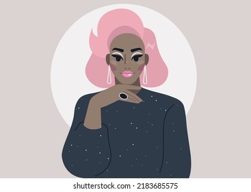 Drag Queen Wearing A Shiny Black Dress And Bright Make Up, Queer Community, LGBTQ Pride