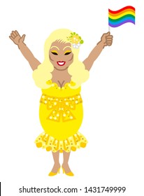 Drag queen who wearing yellow color dress holding a rainbow flag