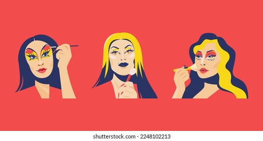 Drag Queens apply makeup, set of vector portraits