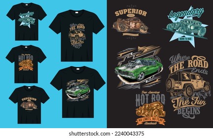 Arrástrelo en el paquete de camisetas de carreras, camiseta de vintage de varillas calientes, ilustración de coche de varas calientes.