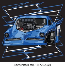 drag racing car on black background for poster, t-shirt print, business element, social media content, blog, sticker, vlog, and card. vector illustration.