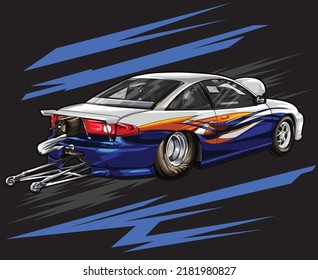 drag racing car on black background for poster, t-shirt print, business element, social media content, blog, sticker, vlog, and card. vector illustration.               