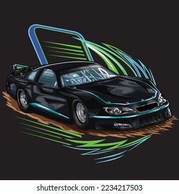 drag racing car on black background for poster, t-shirt print, business element, social media content, blog, sticker, vlog, and card. vector illustration.