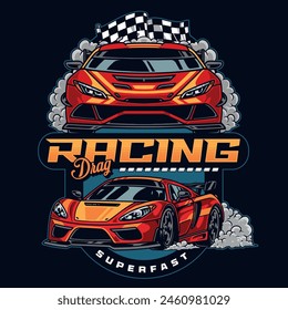 Drag racing colorful vintage flyer with two superfast cars with smoke under wheels and finishing flags vector illustration