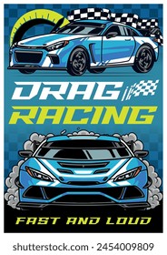 Drag racing colorful vintage sticker with powerful car competing at maximum speed to defeat opponent vector illustration