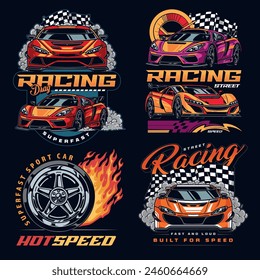 Drag racing set flyers colorful with speedometers and burning or smoking wheels with signature built for speed vector illustration