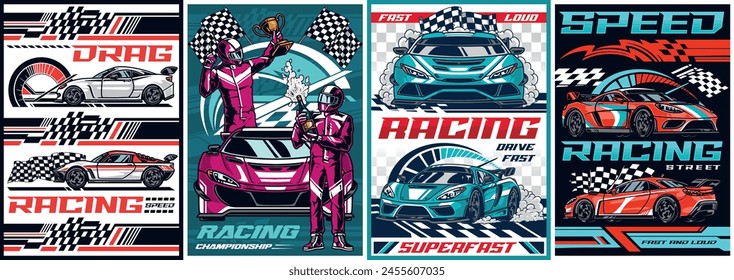 Drag racing set posters colorful with tuned cars and champions celebrating victory in motorsport tournament vector illustration