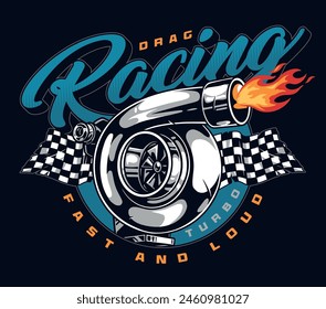 Drag racing vintage flyer colorful with turbo turbine for fast car and checkered sports flags vector illustration