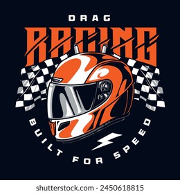 Drag racing vintage sticker colorful with helmet for driver car near finish flag and words built for speed vector illustration