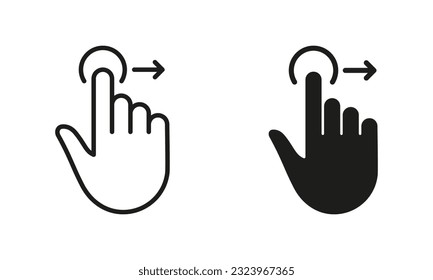 Drag Right, Hand Finger Gesture Swipe Line and Silhouette Icon Set. Pinch Screen, Rotate on Screen Pictogram. Gesture Slide Right Symbol Collection on White Background. Isolated Vector Illustration.