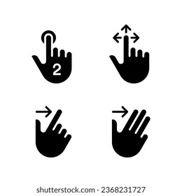 Drag and swipe gestures black glyph icons set on white space. Smartphone options. Touchscreen interaction. Digital device. Silhouette symbols. Solid pictogram pack. Vector isolated illustration