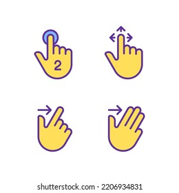 Drag and swipe gestures pixel perfect yellow RGB color icons set. Touchscreen interaction. Digital device. Isolated vector illustrations. Simple filled line drawings collection. Editable stroke