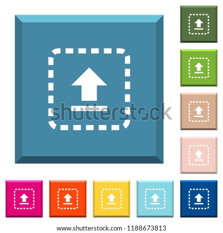 Drag to upload white icons on edged square buttons in various trendy colors