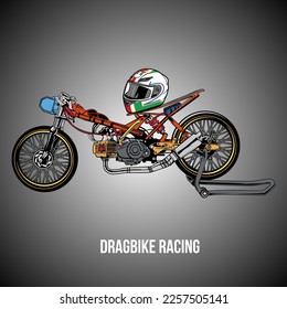 Dragbike-Rennfahrer in orangefarbenem Design, Helm auf grauem Hintergrund, geeignet für T-Shirt-Design, Thailook-Poster. Vektorgrafik